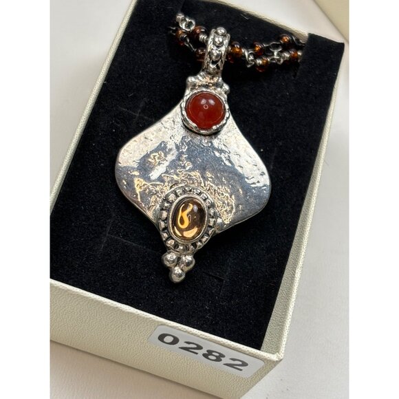 Handcrafted Sterling Silver Pendant Necklace With Amber Bead Chain & Carnelian G - Picture 7 of 7